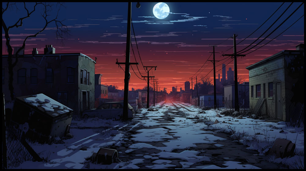 A comic panel showing a poor urban neighborhood at night time with a full moon and city skyline in the background