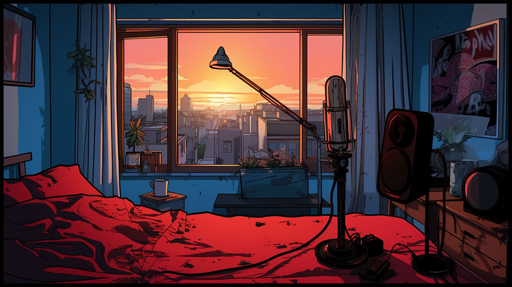 A photo of a worn down bedroom with a microphone for recording vocals